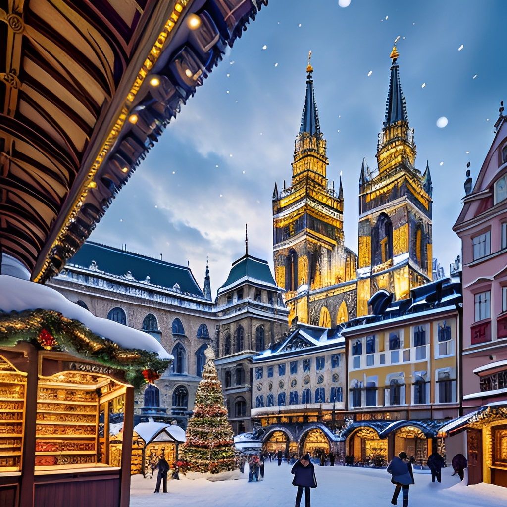 Weihnachtsmarkt Stephansplatz mit Schnee zur Dämmerung